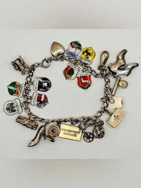 Vintage-Antique Silver Charm Bracelet WW2 Sweetheart Travel Enamel Shields Retro